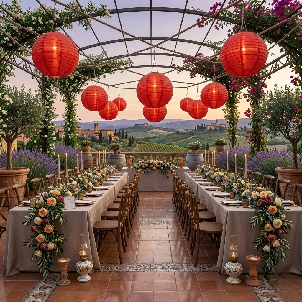 Lampion Mariage Lumineux en Tissu Rouge Tropical