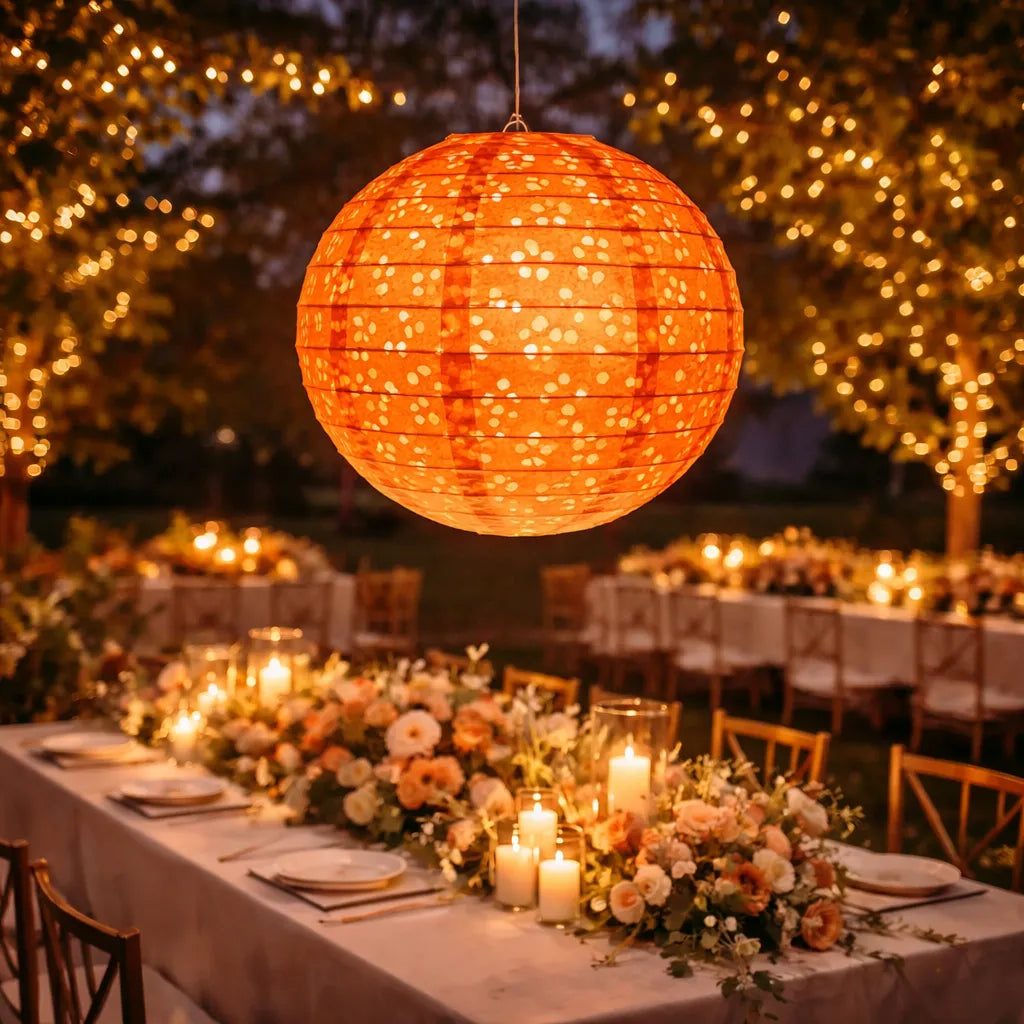 Lampion Orange Ajouré Fleuri