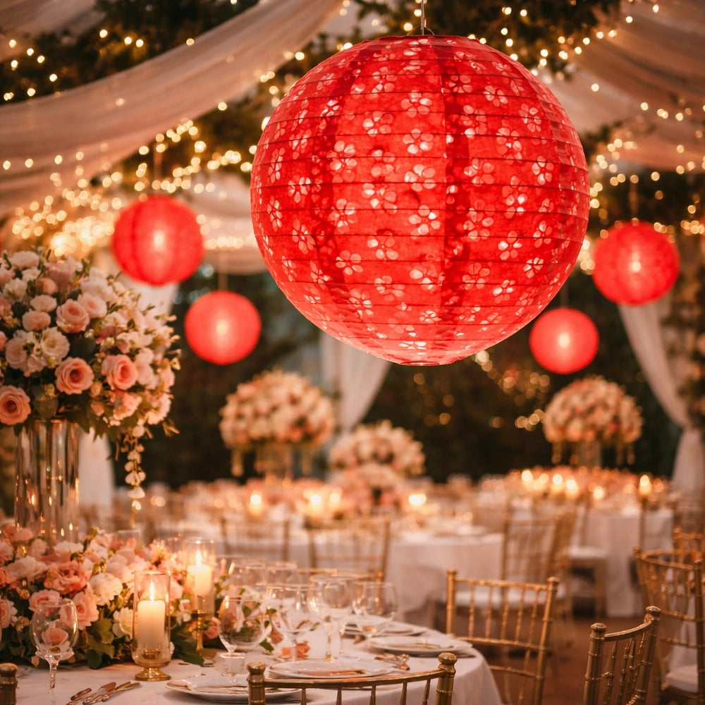 Lampion Rouge à Motifs Fleurs Ajourés