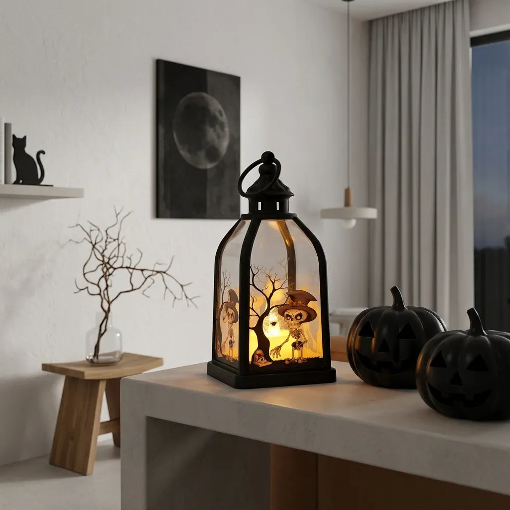 Lanterne Halloween Design Squelettes Scintillant