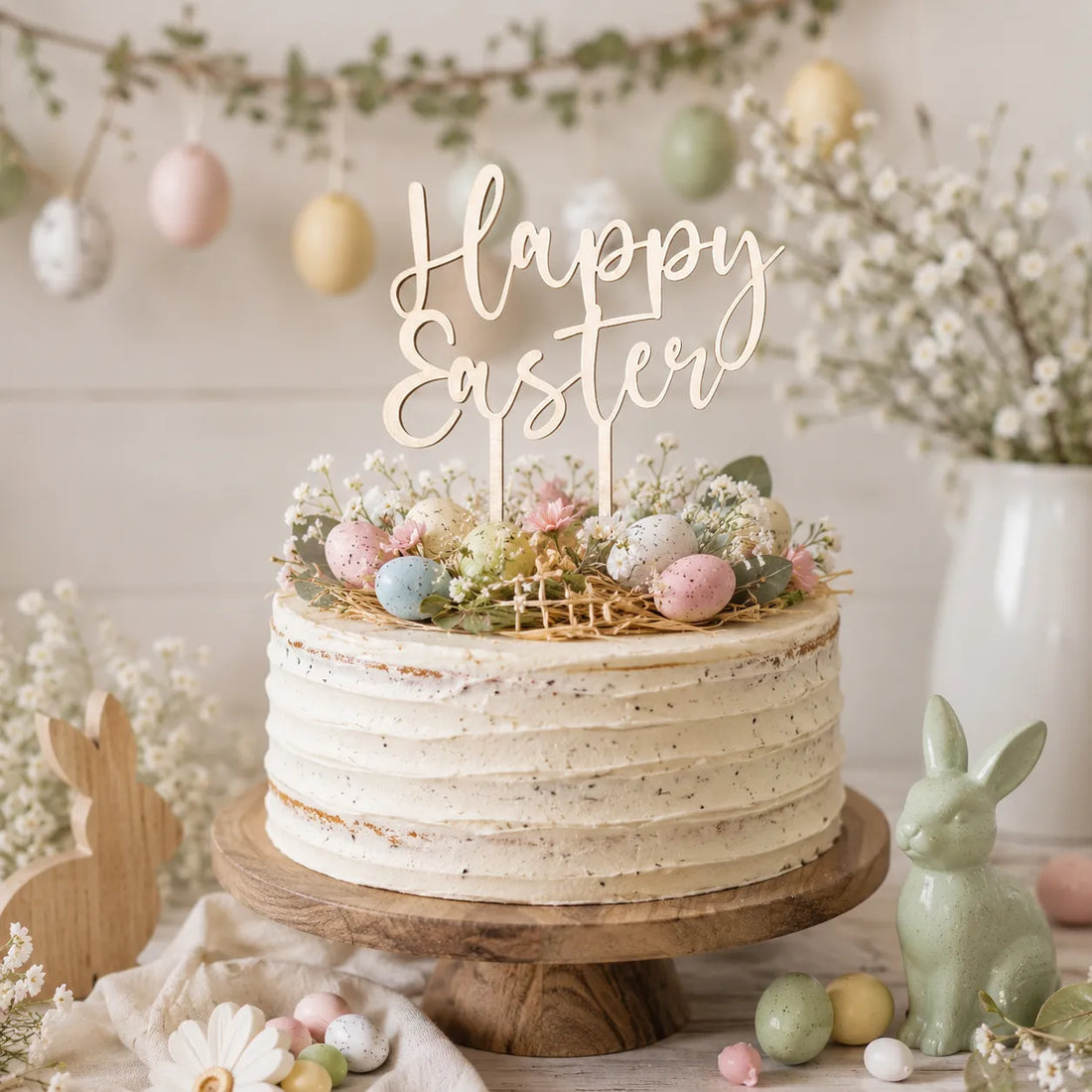 Lot de Cake Topper Happy Easter en Bois Chic