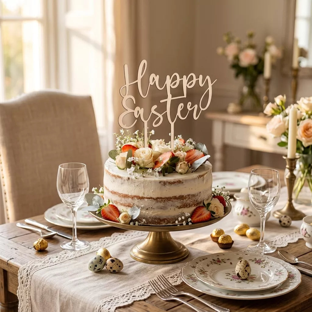 Lot de Cake Topper Happy Easter en Bois Léger