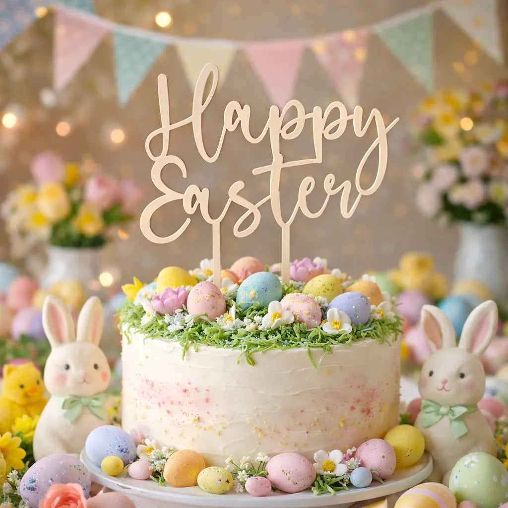 Lot de Cake Topper Happy Easter en Bois Unique