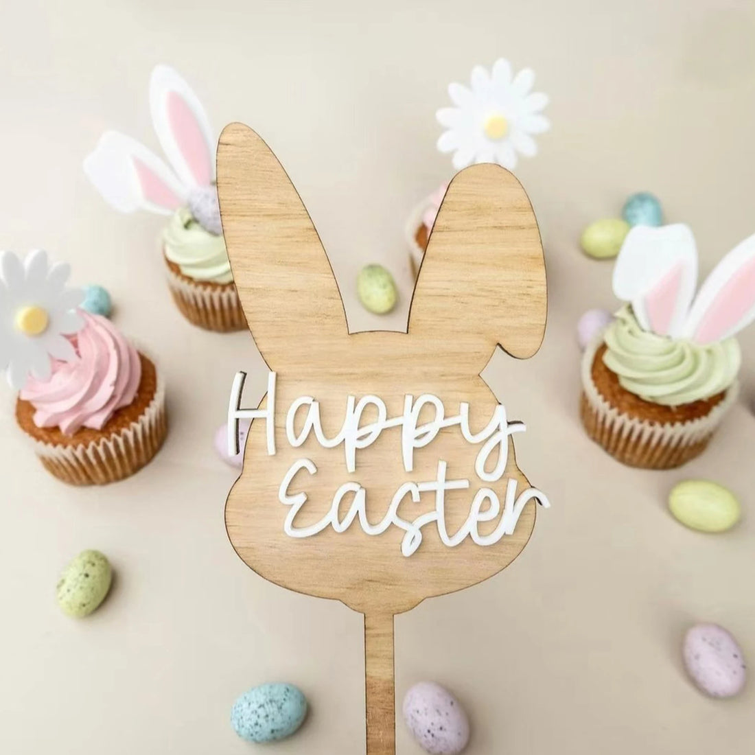 Lot de Cake Topper Lapin de Pâques en Bois Chic