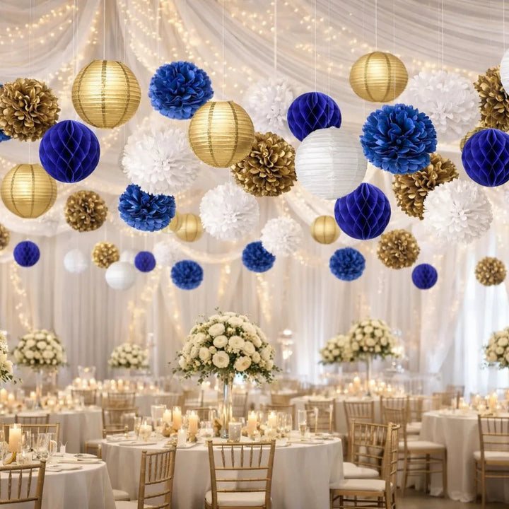 Lot de Lanternes en Papier Bleu et Doré