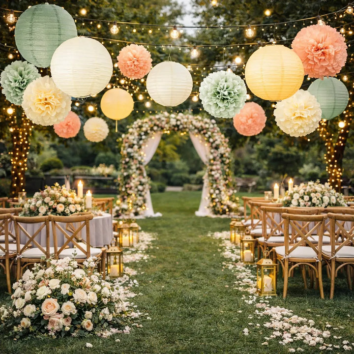 Lot de Lanternes en Papier et Pompons Champêtre