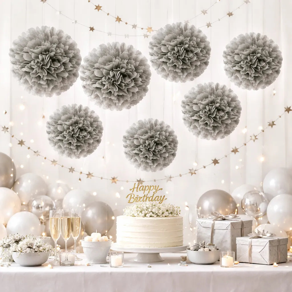 Lot de Pompons en Papier de Soie Gris