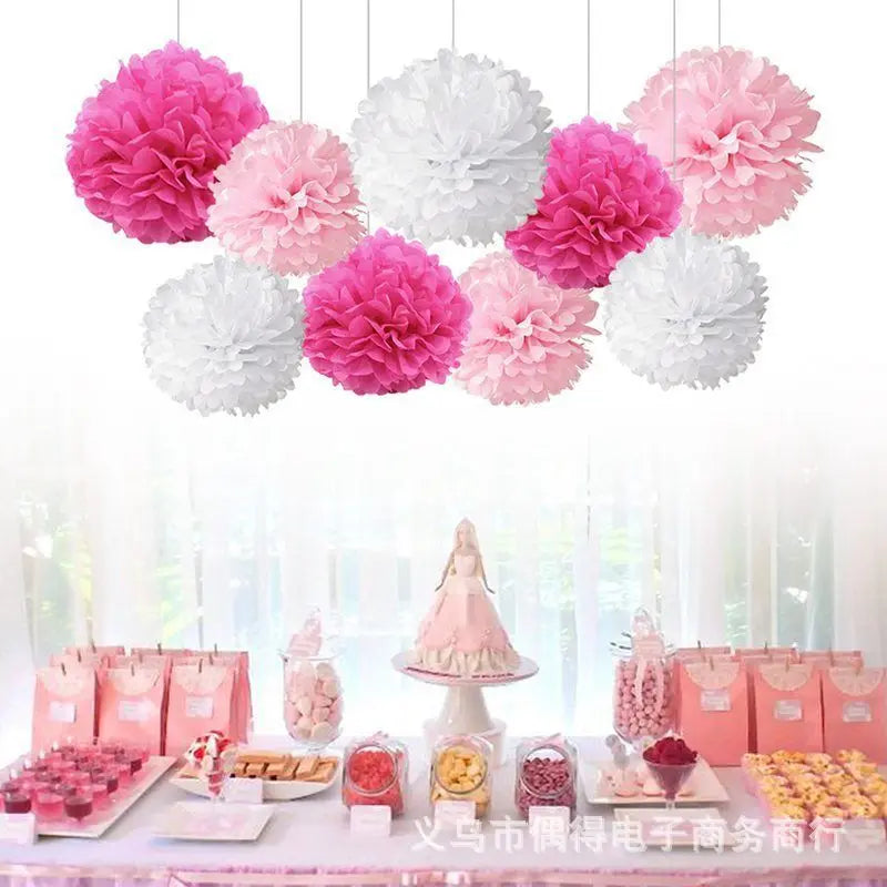 Lot de pompons en Papier de Soie Rose et Blanc