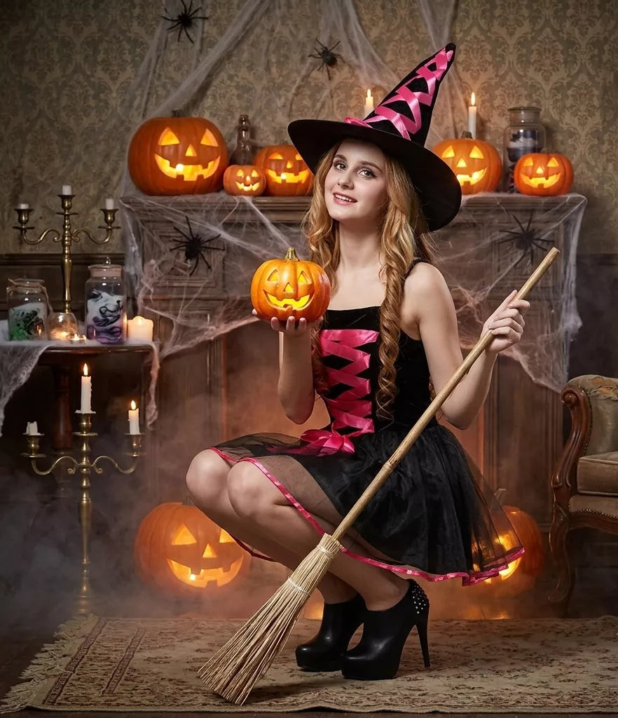 Mini Robe de Sorcière à Dentelle avec Chapeau Confortable