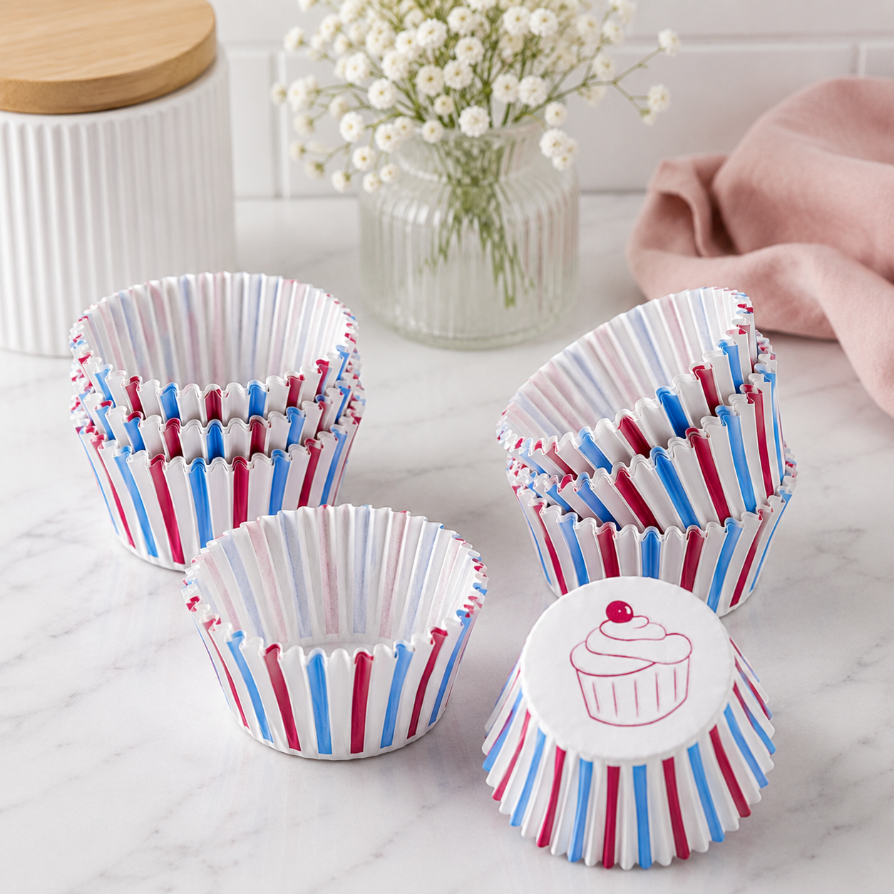 Moule Cupcake en Papier Bleu Blanc Rouge Rayé