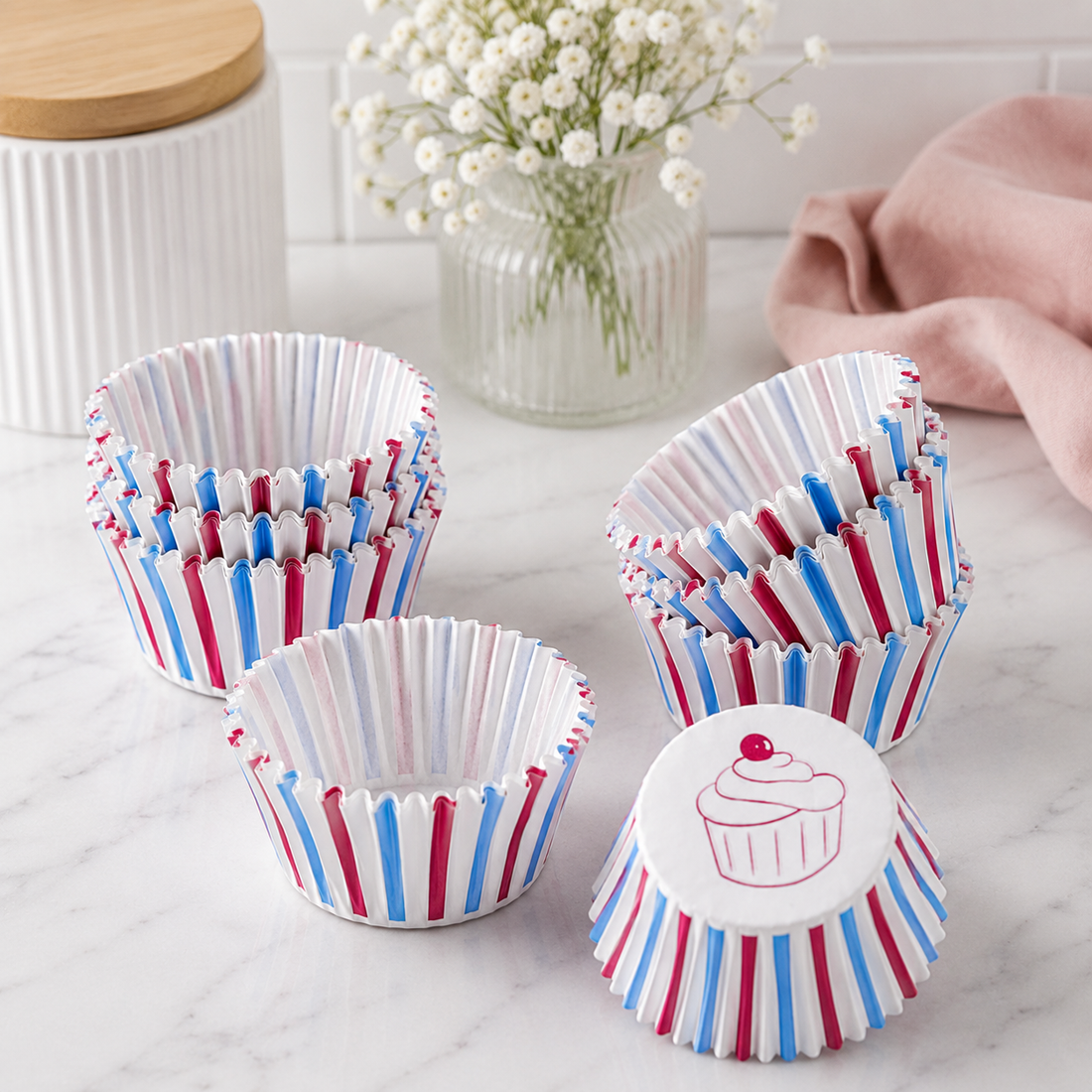 Moule Cupcake en Papier Bleu Blanc Rouge Rayé