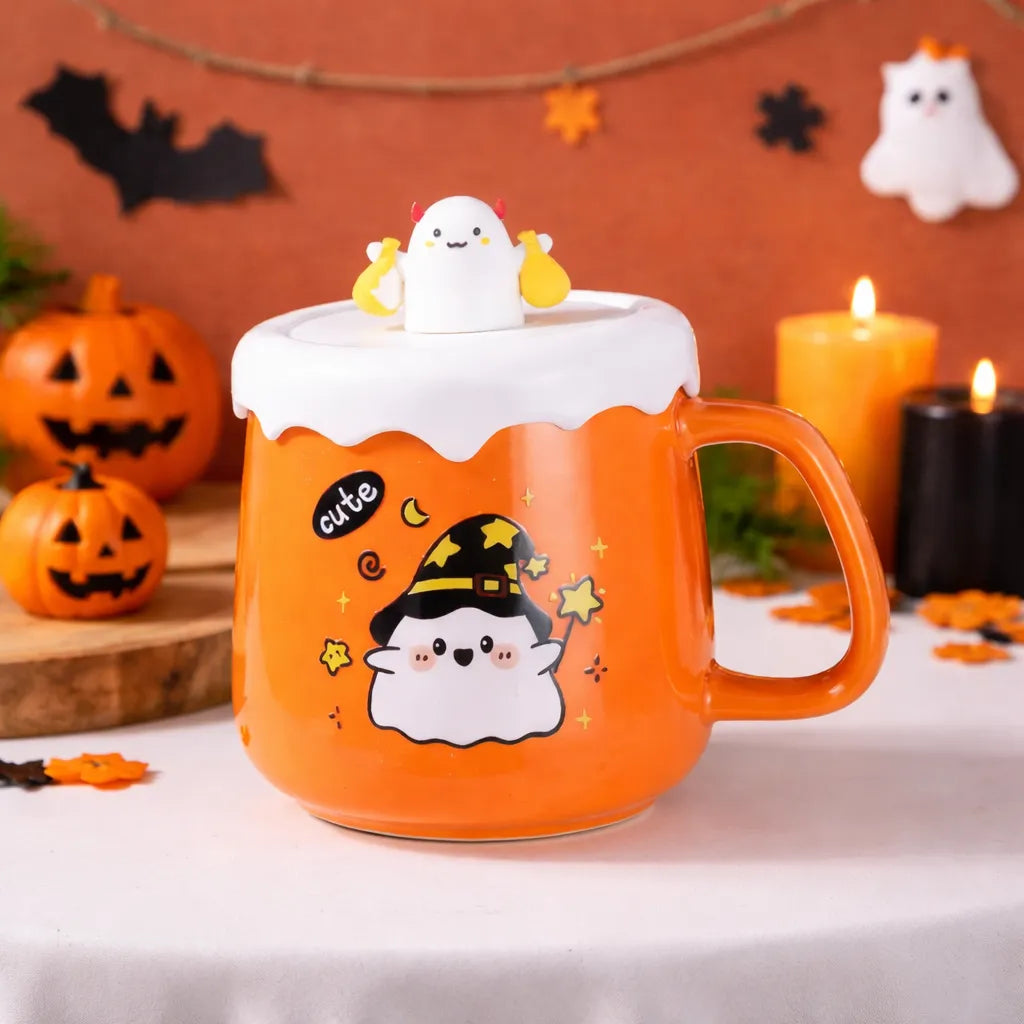 Mug Halloween à Couvercle Orange Stylé Design