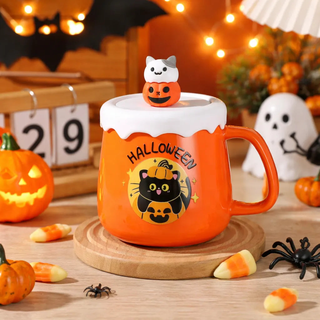 Mug Orange à Couvercle Petit Chat Halloween