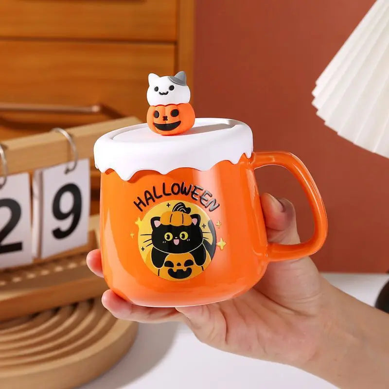  Mug Orange à Couvercle Petit Chat Halloween Mignon