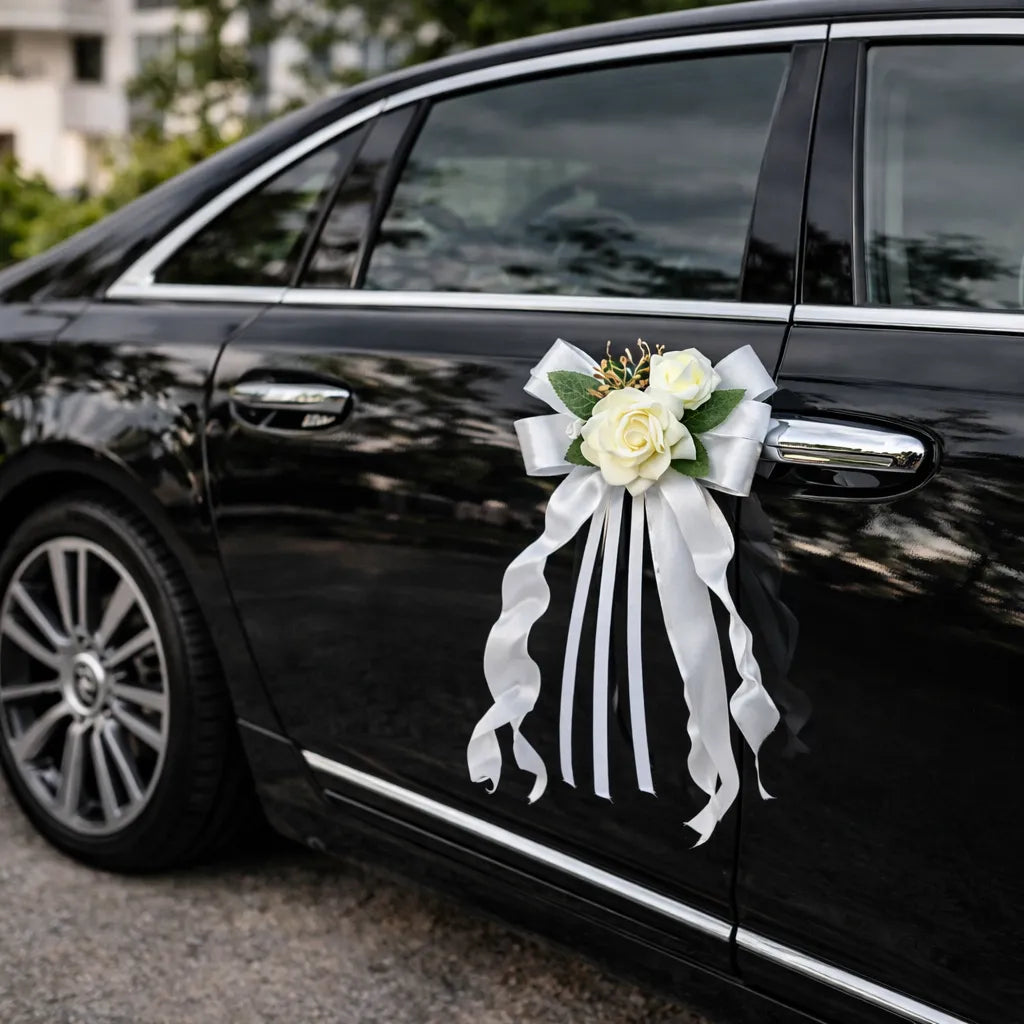 Nœud Blanc Voiture Mariage à Fleur