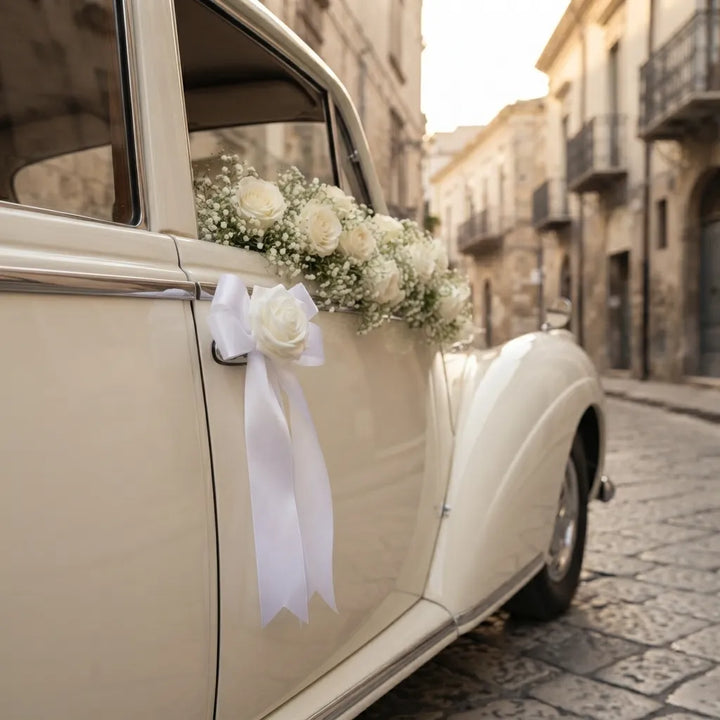 Nœud Ruban à Rose Blanche Pour Voiture Mariage Raffiné