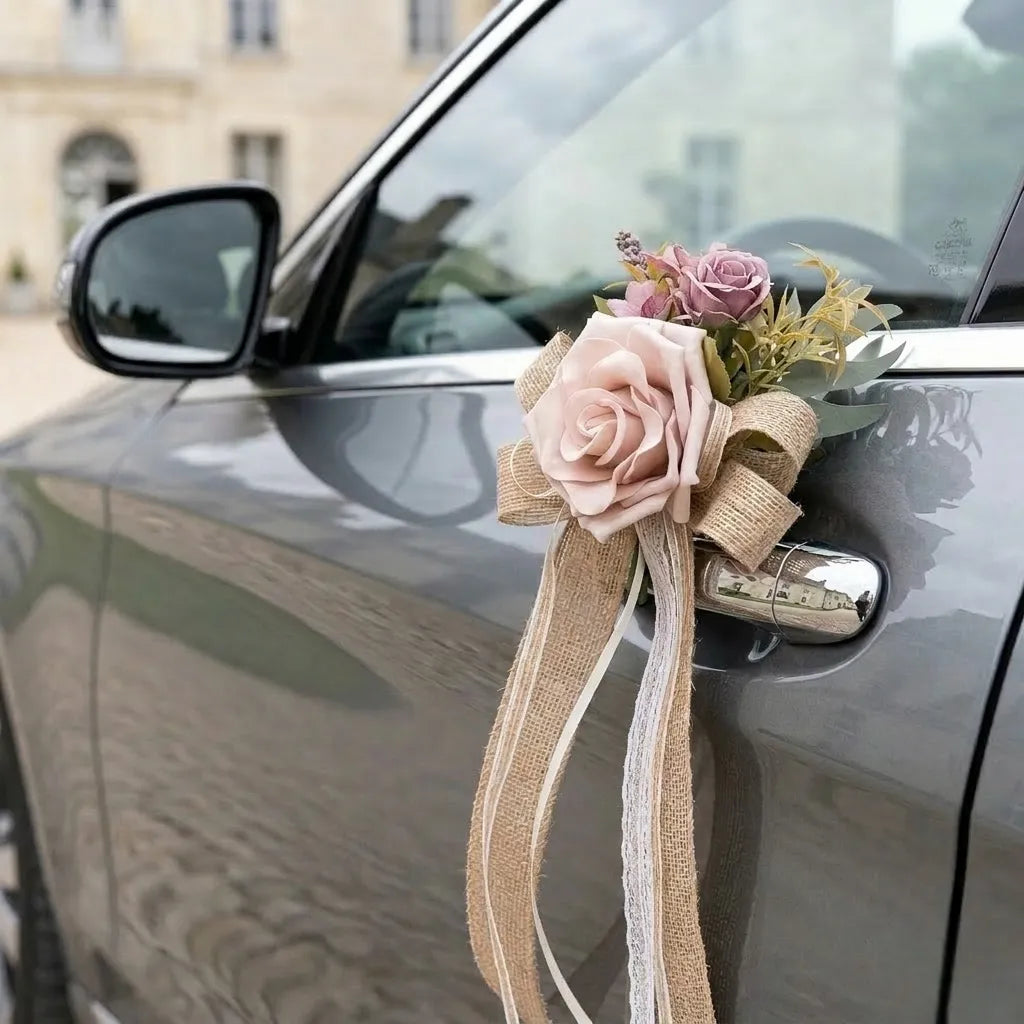 Nœuds Fleurs Rose Voiture Mariage bohème