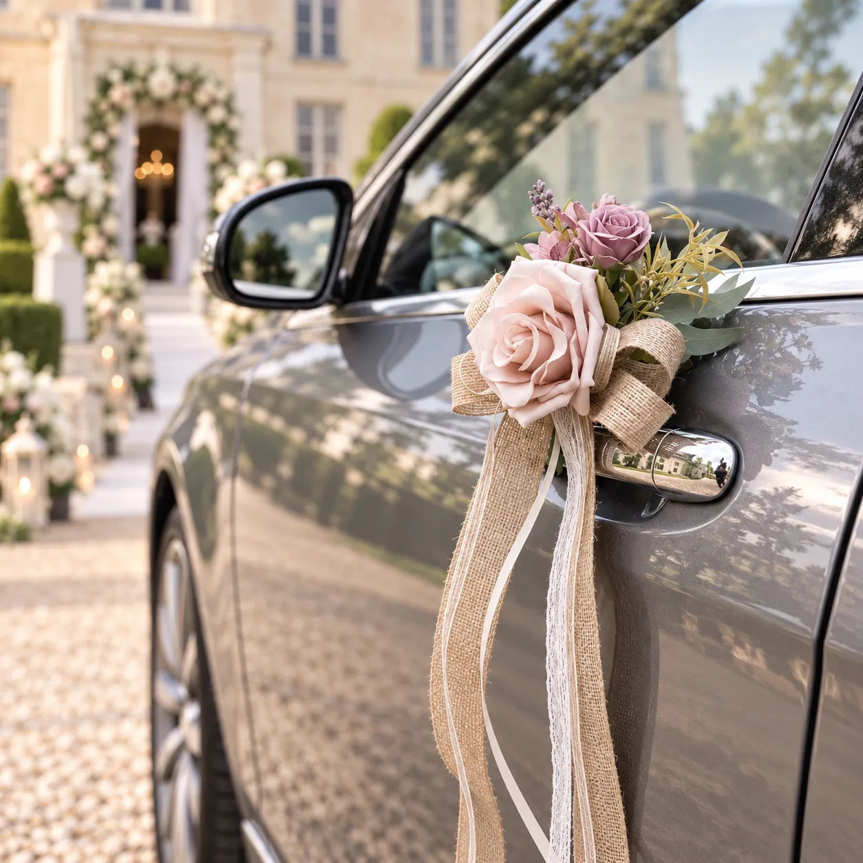 Nœuds Fleurs Rose Voiture Mariage raffiné 