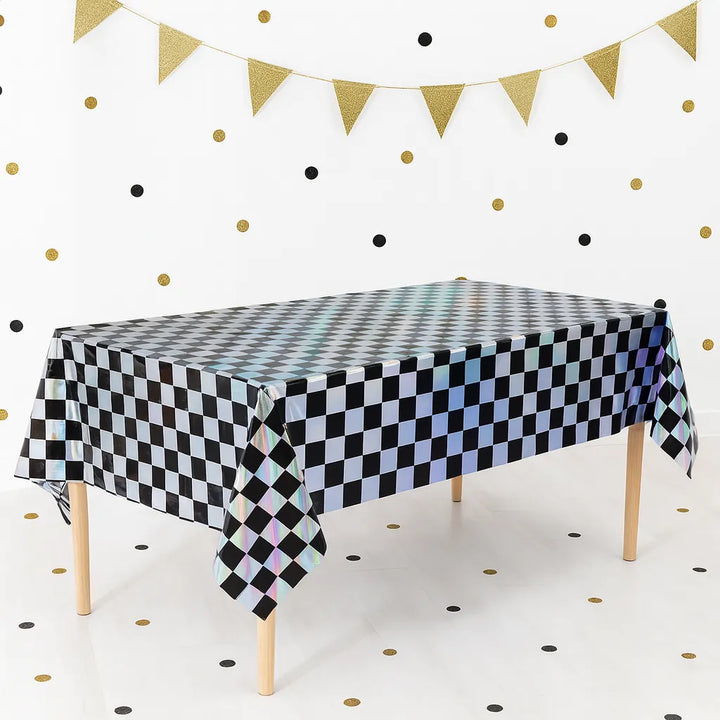 Nappe Anniversaire Irisée à Carreaux Noirs