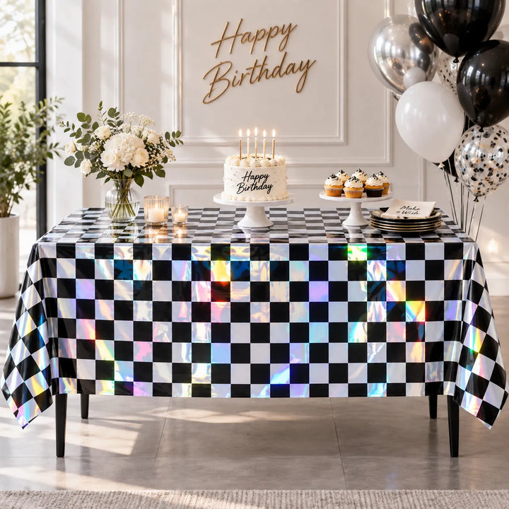 Nappe Anniversaire Irisée à Carreaux Noirs