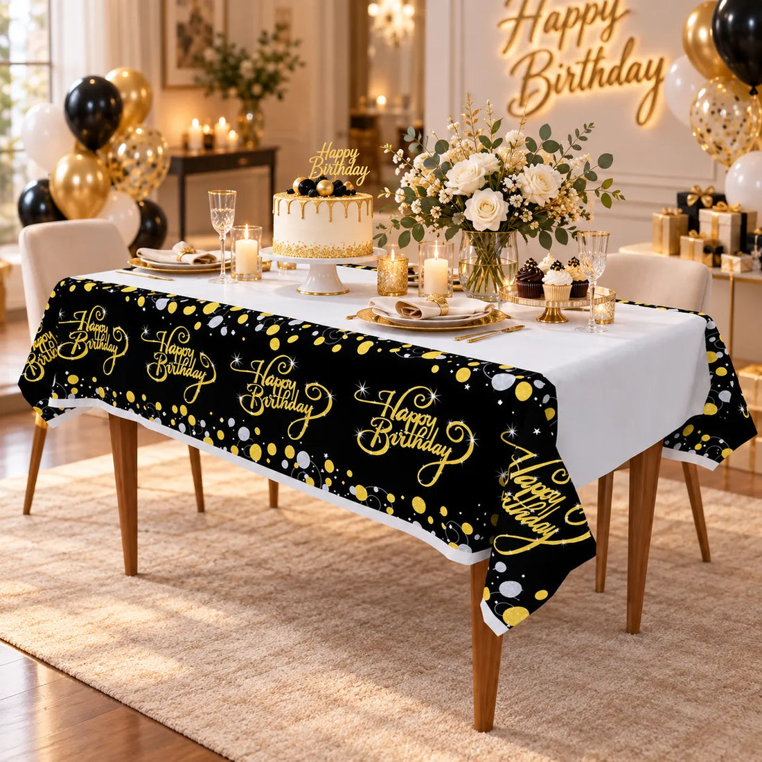 Nappe Anniversaire Noir et Blanc Doré
