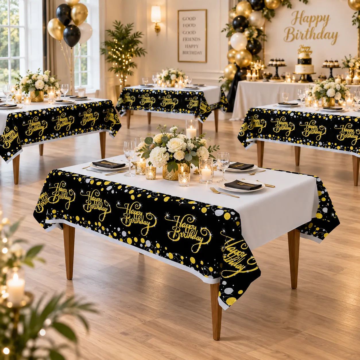 Nappe Anniversaire Noir et Blanc Doré Unique