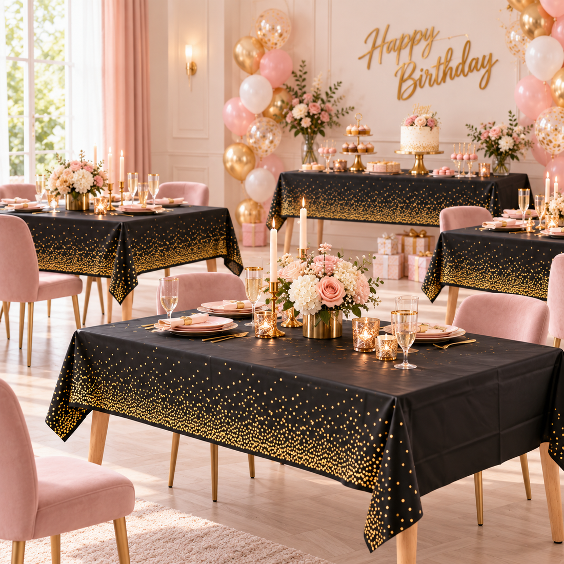 Nappe Anniversaire Noir et Doré Raffinée Classe