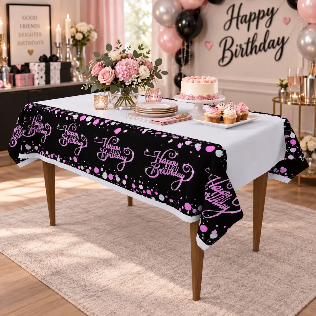 Nappe Anniversaire Noir et Rose