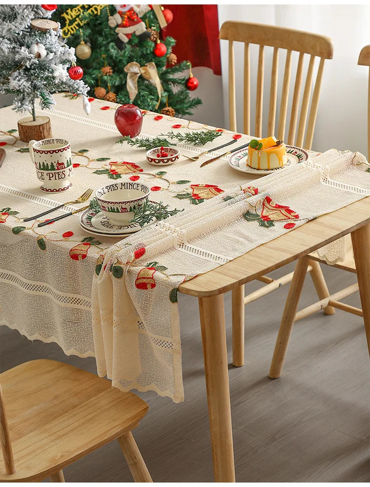 Nappe Chic Brodée Cloches Noël Beige