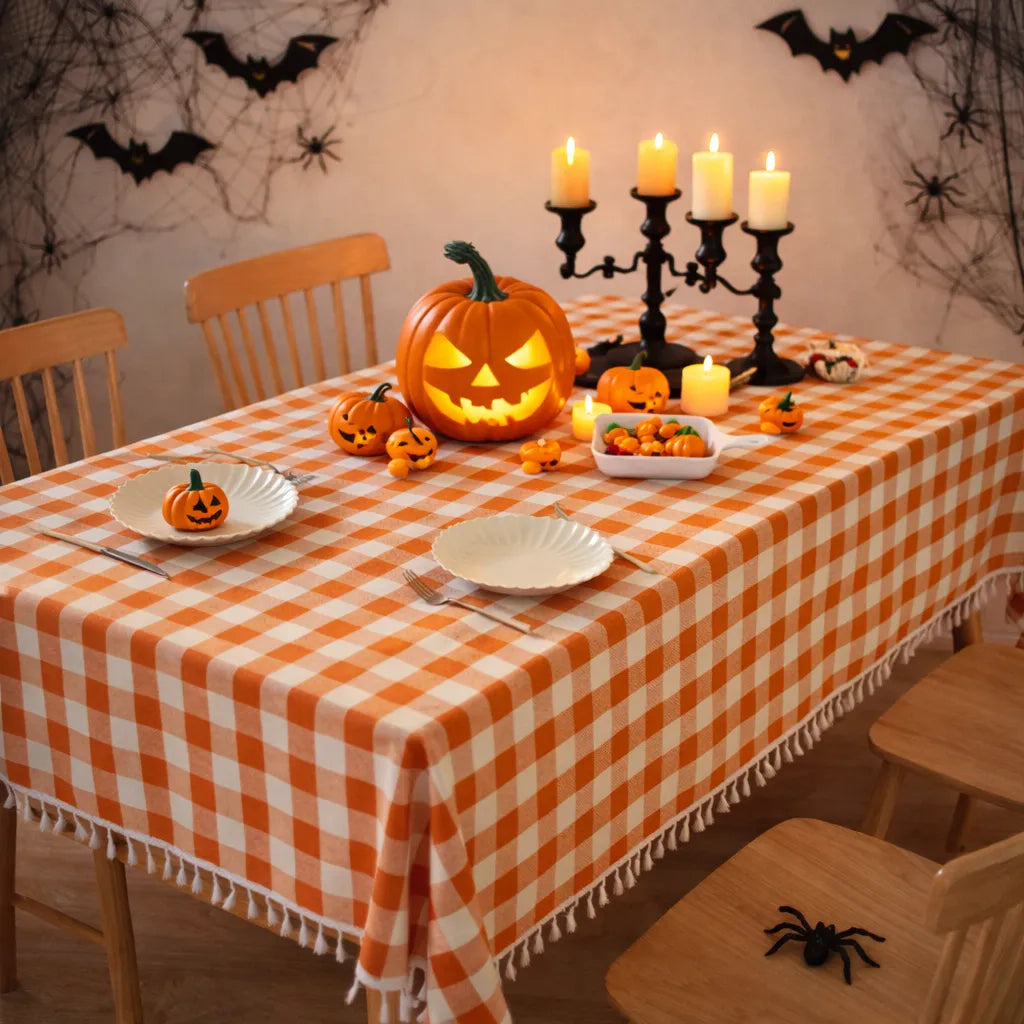 Nappe Halloween Minimaliste Carreaux Blanc et Orange