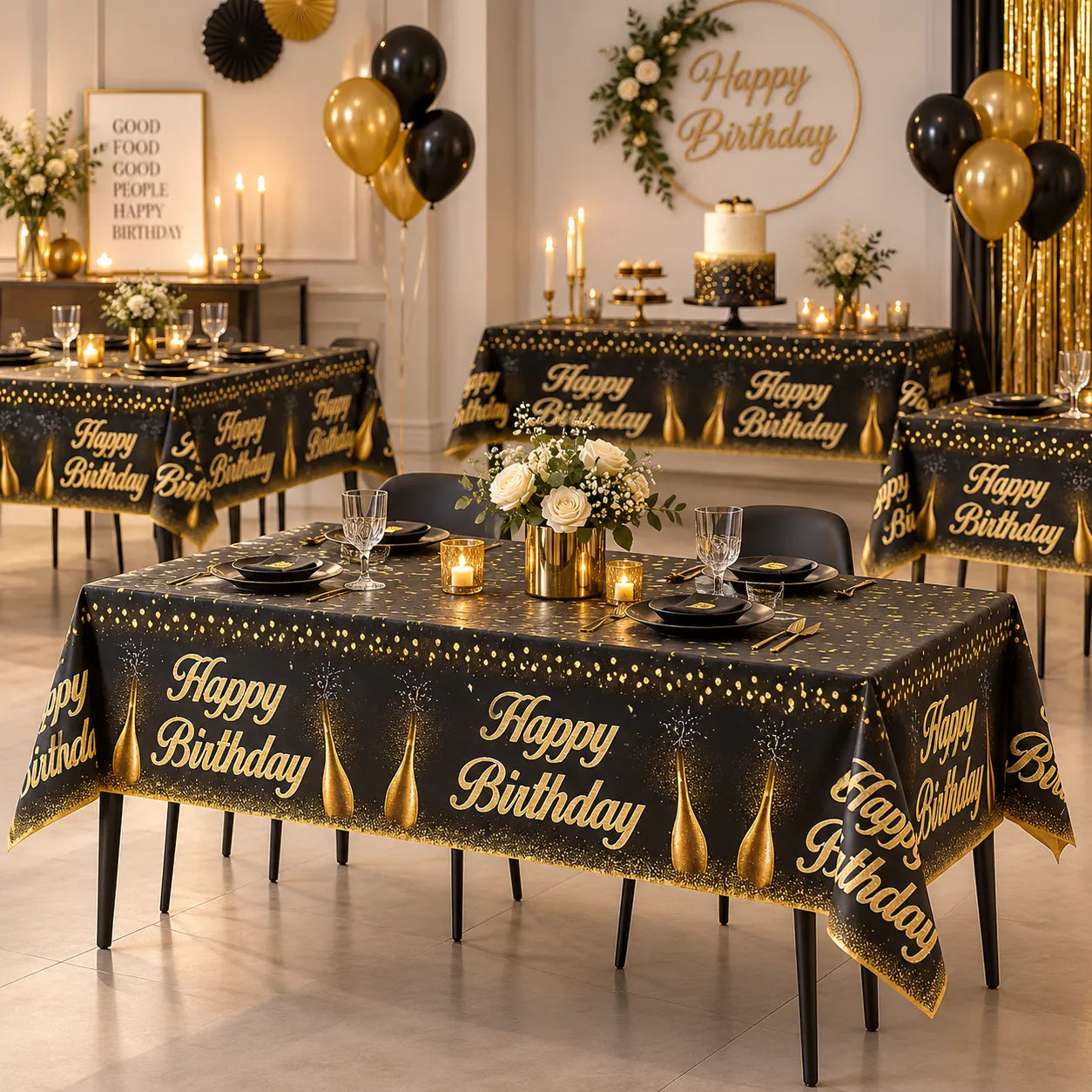 Nappe Happy Birthday Noir Gold Elégante