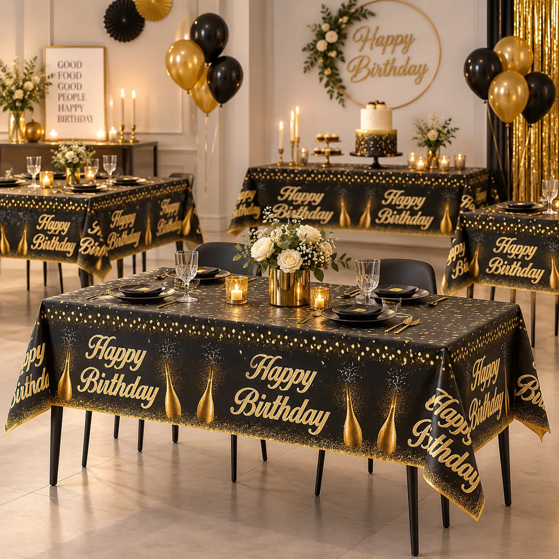 Nappe Happy Birthday Noir Gold Elégante