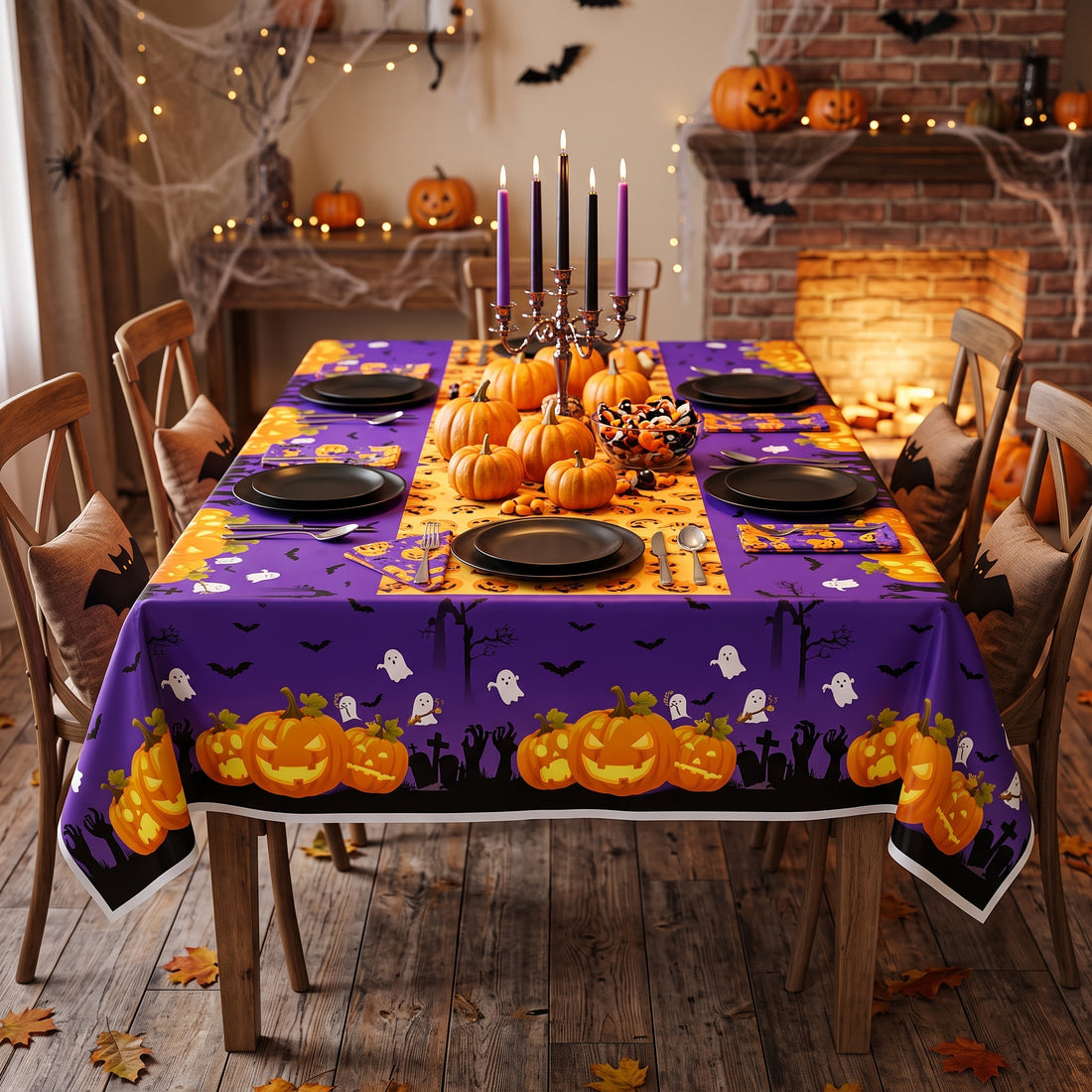 Nappe Happy Halloween Violette Imprimé Citrouilles effrayant