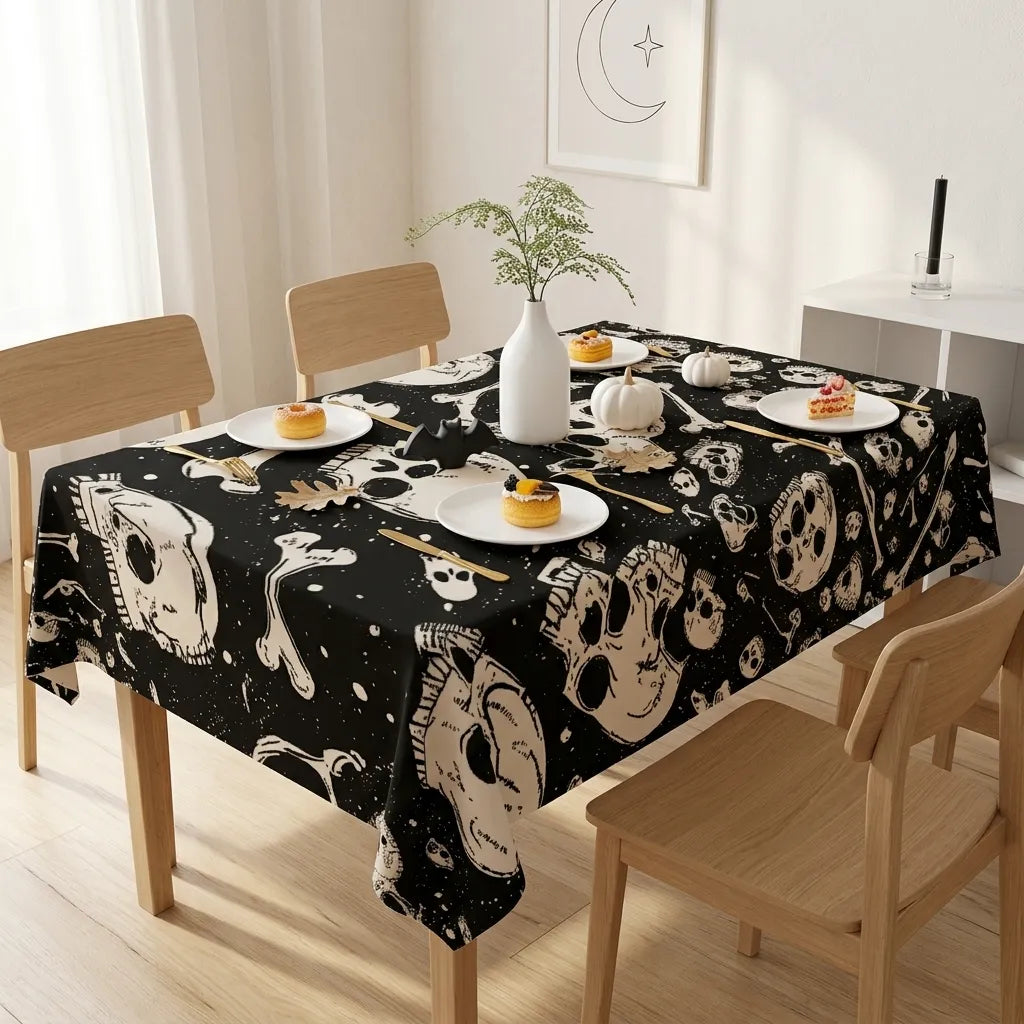 Nappe de Table Squelette Halloween Noire Minimaliste