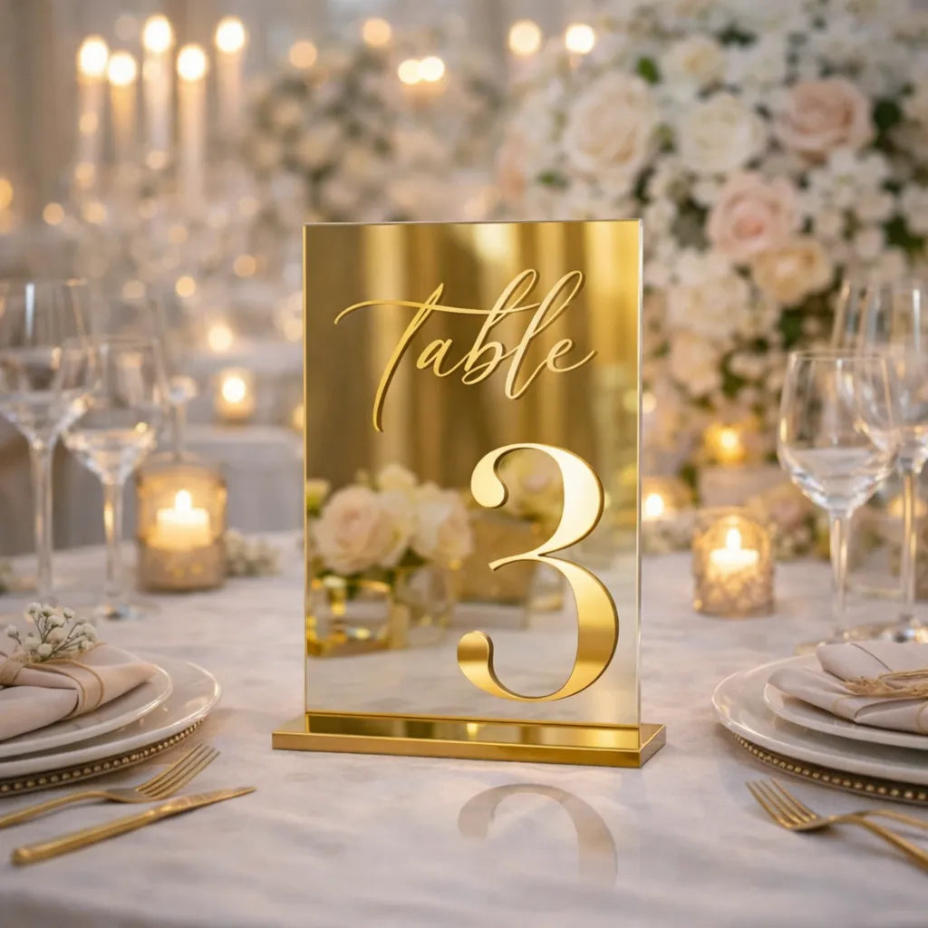 Numéro de Table Mariage Doré Miroir