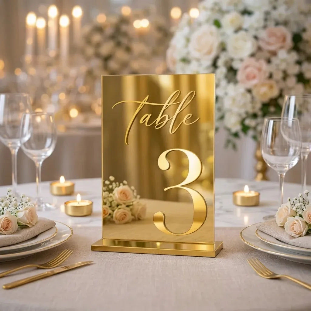 Numéro de Table Mariage Doré Miroir Elégant