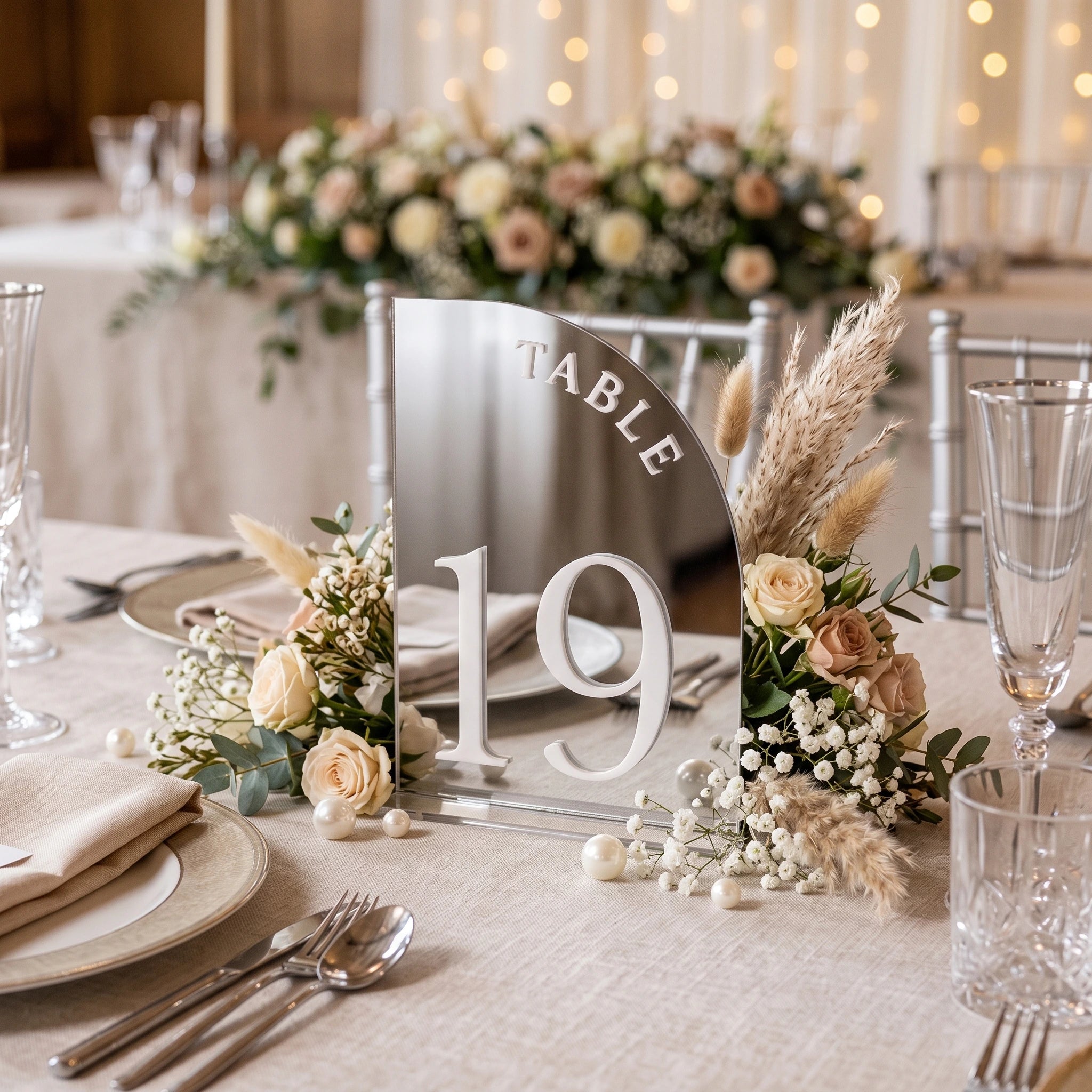 Numéro de Table Miroir Demi-Arc Mariage silver