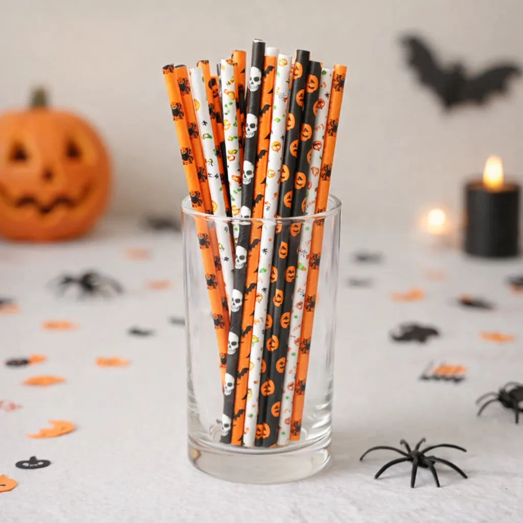 Paille Halloween en Papier Orange et Noir