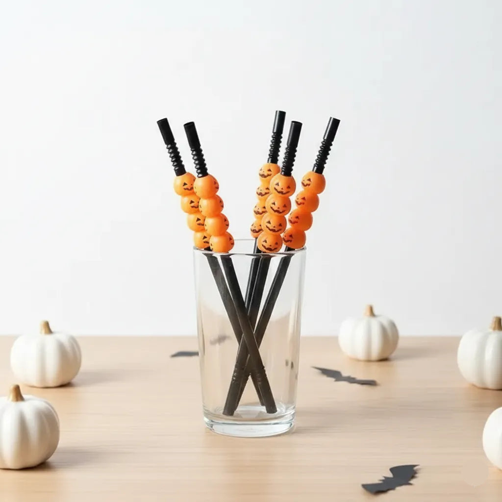 Paille Jetable Noire à Citrouilles