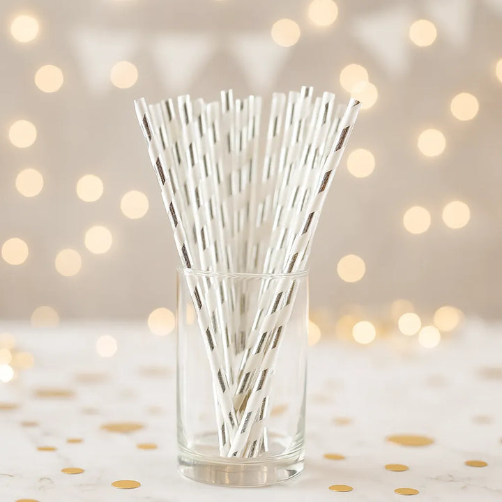 Paille en Plastique Blanche et Argentée