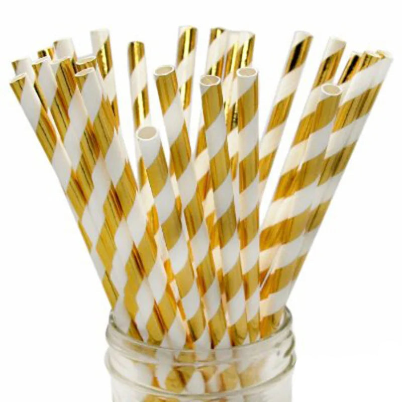 Paille en Plastique Blanche et Dorée Unique