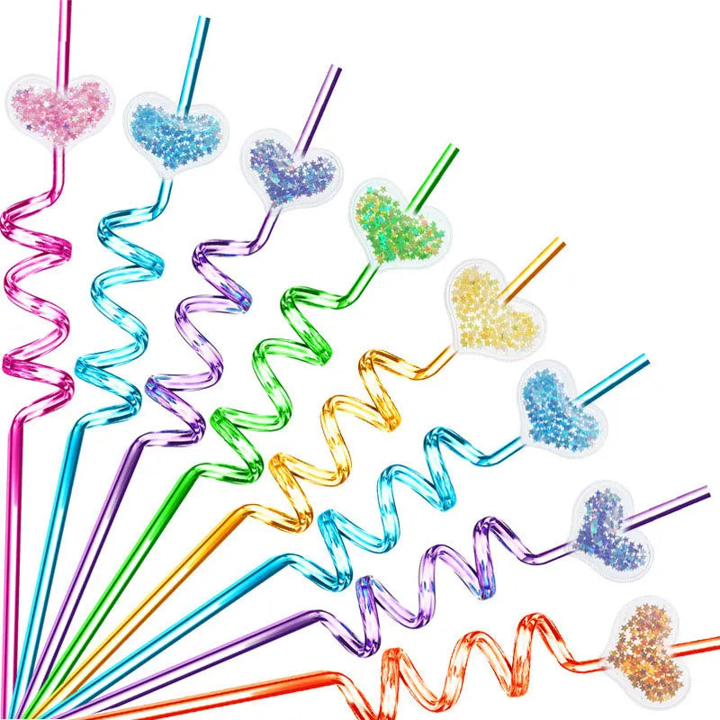 Paille en Plastique Spirale Cœur Pailleté