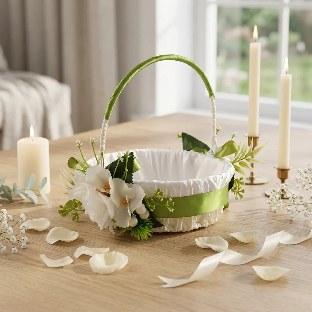 Panier à Pétales Blanc et vert romantique