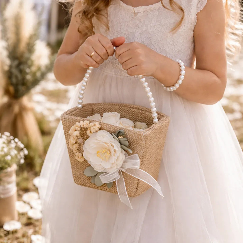 Panier à Pétales Mariage Bohème à Perles naturel