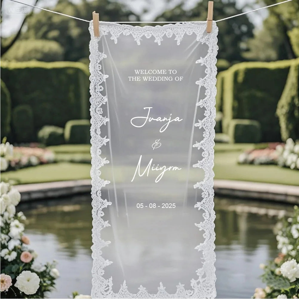 Panneau Bienvenue Mariage en Tulle Transparent Unique