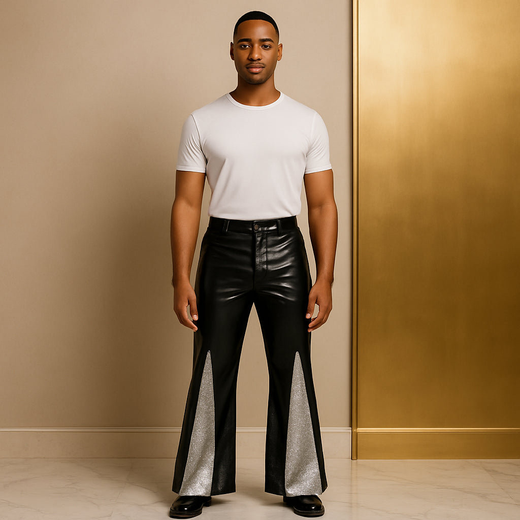 Pantalon Disco Cloche Noir Brillant Homme