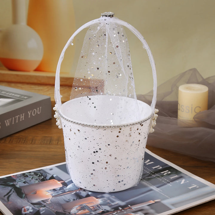 Petit Panier à Pétales Blanc Argenté