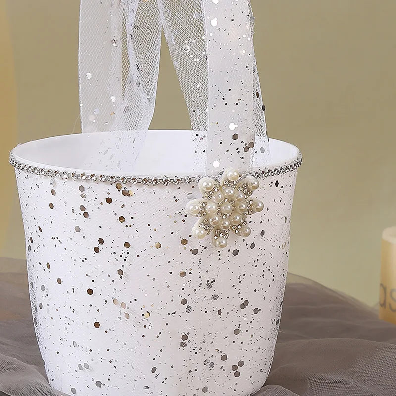 Petit Panier à Pétales Blanc Argenté Unique
