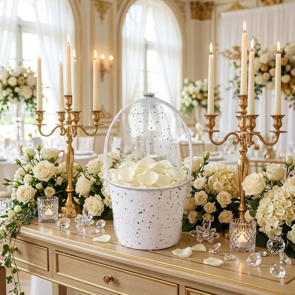 Petit Panier à Pétales Blanc Argenté romantique