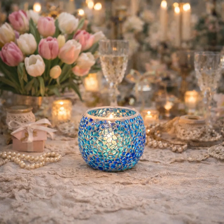 Photophore en Verre Mosaïque Bleu